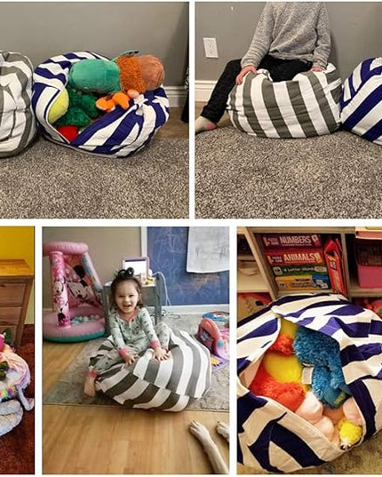 2 Packs Stuffed Animal Storage Beanbag Cover 24" Bean Bag Storage for Kids Girs Boys Room Toys Organizer Heavy-duty Zipper Bean Bag Chair Covers Only Grey Blue White Stripes Cotton Canvas - LeafyLoom