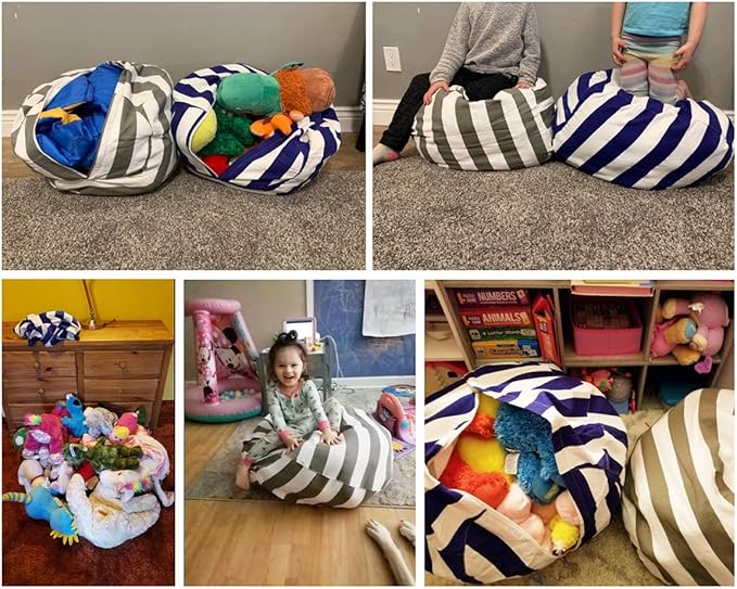 2 Packs Stuffed Animal Storage Beanbag Cover 24" Bean Bag Storage for Kids Girs Boys Room Toys Organizer Heavy-duty Zipper Bean Bag Chair Covers Only Grey Blue White Stripes Cotton Canvas - LeafyLoom