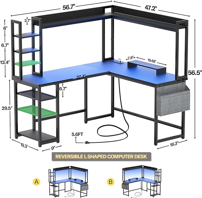 Aheaplus L Shaped Desk with Power Outlet, L Shaped Gaming Desk with Led Light & Hutch, Reversible Home Office Desk, Corner Computer Desk Writing Desk with Monitor Stand & Storage Shelves, Black - LeafyLoom