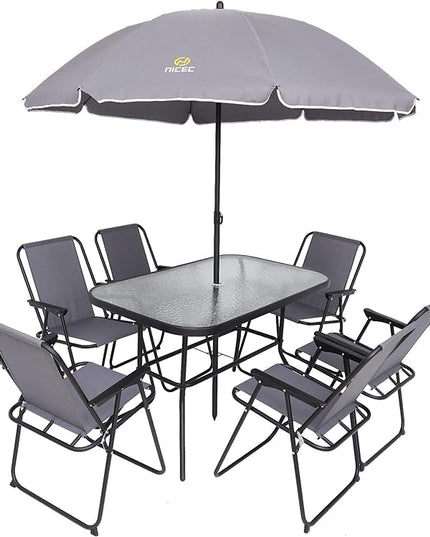 Nice C Outdoor Dining Sets, Patio Furniture Set, 8 Piece Set with Umbrella, Garden Outdoor Furniture Table Set with Tilted Removable Umbrella, Glass Table, and 6 Folding Chairs (Grey) - LeafyLoom