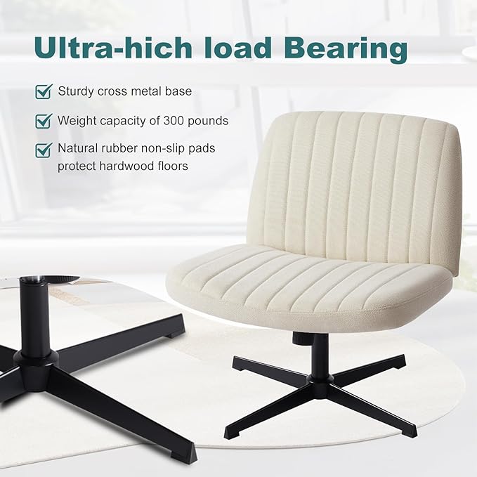 OLIXIS Cross Legged Armless Wide Adjustable Swivel Padded Home Office Desk Chair, White - LeafyLoom