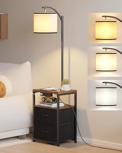 SUNMORY Floor Lamp with Table & 2 Drawers, Lamp with USB Port and Outlet, Nightstand with 3 Color Temperature Led Bulb Included, Floor Lamps for Living Room, Bedroom and Home Office, Rustic Brown - LeafyLoom