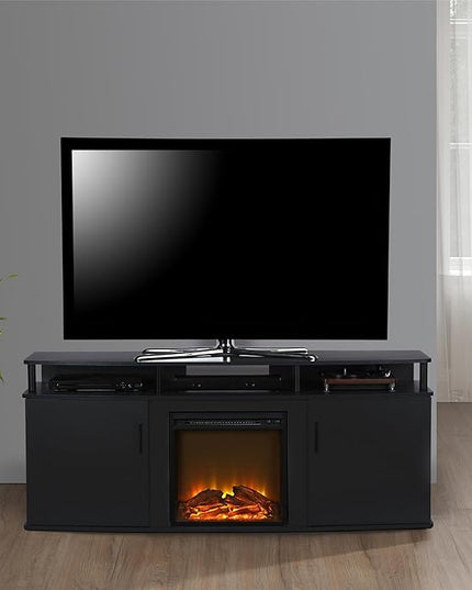 Ameriwood Home Carson Fireplace TV Stand for TVs up to 70 Inch, Replaceable Electric Fireplace Insert Heater, Realistic Log and Flame Effect, For Living Room or Bedroom, Black - LeafyLoom
