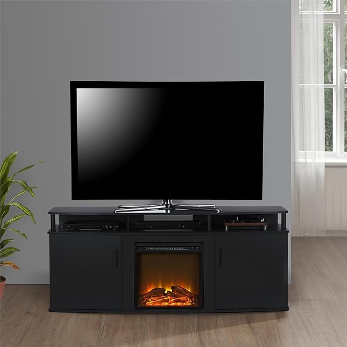 Ameriwood Home Carson Fireplace TV Stand for TVs up to 70 Inch, Replaceable Electric Fireplace Insert Heater, Realistic Log and Flame Effect, For Living Room or Bedroom, Black - LeafyLoom