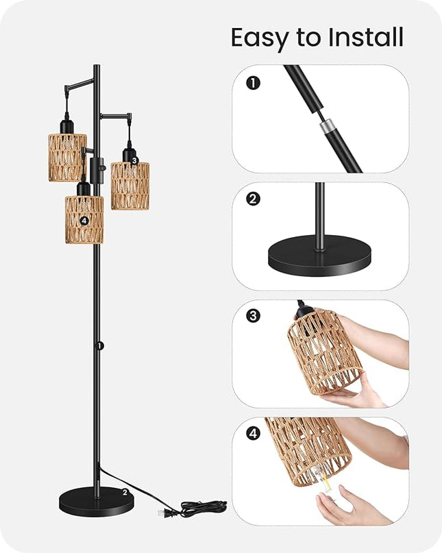 Dimmable Floor Lamp, Farmhouse Tall Standing Tree Lamp with 3 Rope Woven Lampshades, Boho Rattan Floor Lights, 4W 3 LED Bulbs Included, for Living Room, Bedroom, Study, Office B03LD05 - LeafyLoom