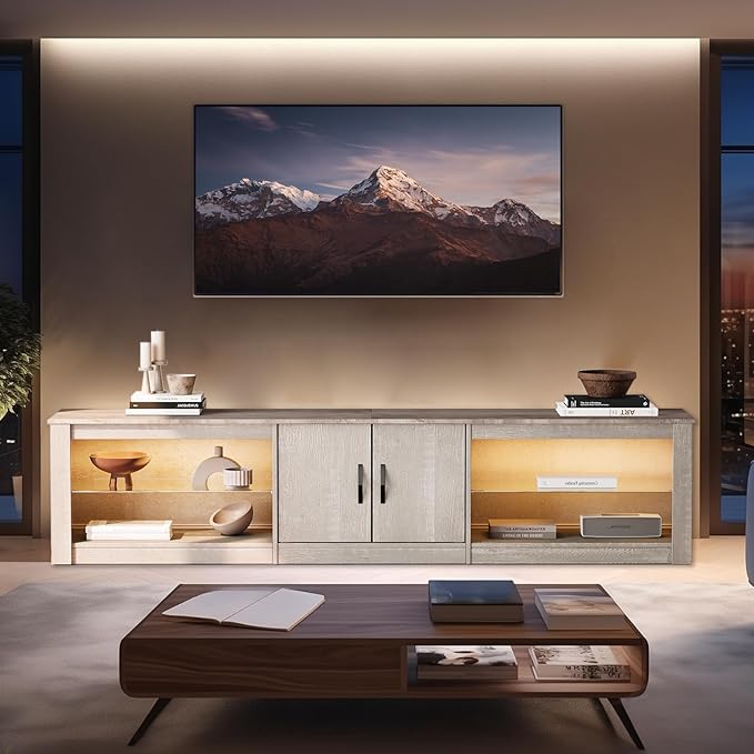 Bestier 80 Inch TV Stand for Large TVs 55/65/75/85/ inch, LED Entertainment Center with Two Cabinets, Adjustable Glass Shelves ＆ Cable Management, Gaming Tv Console for Living Room, Wash White - LeafyLoom