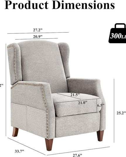 COLAMY Wingback Pushback Recliner Storage Pocket Upholstered Fabric Living Room Chair Armchair, with Wood Legs and Nailhead Trim, Light Grey - LeafyLoom