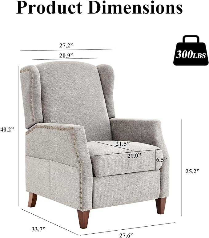 COLAMY Wingback Pushback Recliner Storage Pocket Upholstered Fabric Living Room Chair Armchair, with Wood Legs and Nailhead Trim, Light Grey - LeafyLoom