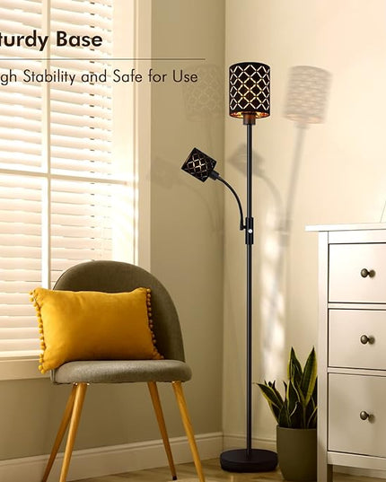 Industrial Floor Lamps for Living Room, Modern Torchiere Standing Lamp with Reading Light for Bedroom, Farmhouse Floor Lamp with Decorative Lampshade, Metal Tall Stand up Lamp, Vintage Pole Lamp Black - LeafyLoom