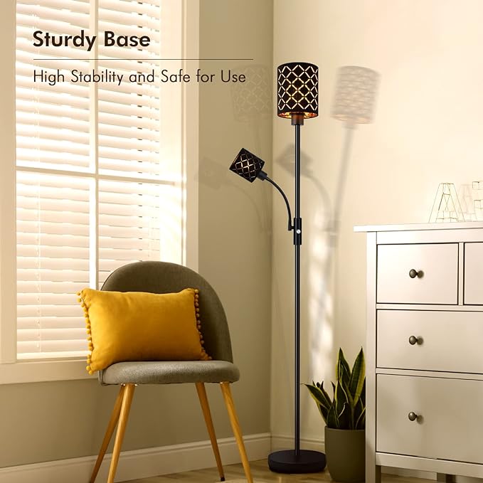 Industrial Floor Lamps for Living Room, Modern Torchiere Standing Lamp with Reading Light for Bedroom, Farmhouse Floor Lamp with Decorative Lampshade, Metal Tall Stand up Lamp, Vintage Pole Lamp Black - LeafyLoom