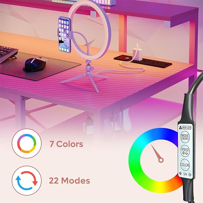 Bestier Pink Gaming Desk with Reversible Power Outlets, 55 inch LED Computer Desk with Monitor Stand & Adjustable Shelves, Writing Desk with Cup Holder & Hook for Home Office, Pink 3D Carbon Fiber - LeafyLoom