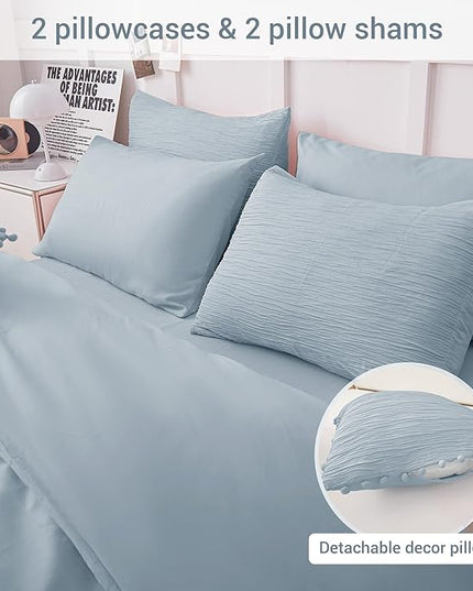 Queen Comforter Set Blue, 8 Piece Bed in a Bag Queen for All Season, Woven Texture Bedding Comforter Set with Sheets and Pillows, Soft Lightweight Queen Comforter Bed Set, Light Heaven Blue - LeafyLoom