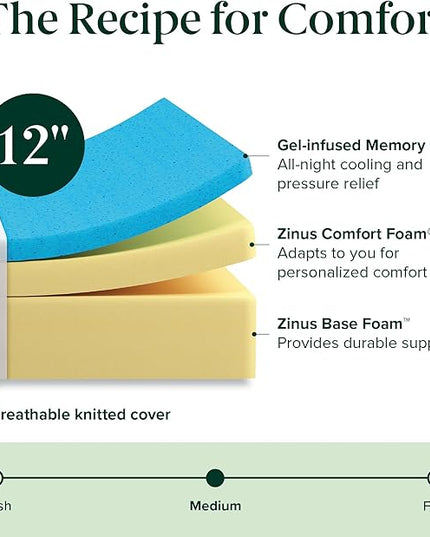 ZINUS 12 Inch Green Tea Cooling Memory Foam Mattress [New Version], Full, Fiberglass free, Medium Firmness, Cooling Gel Foam, Certified Safe Foams & Fabric, Mattress in A Box - LeafyLoom