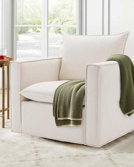 Swivel Accent Chair, 34 Inches Wide Upholstered Arm Chair with Plump Back Pillow, Modern Sofa Living Room Chair for Bedroom, Corner, Reading Nook-Beige - LeafyLoom