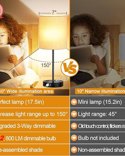 【Upgraded】Set of 2 Touch Beige Table Lamps with 2 USB Ports & AC Outlet, 3-Way Dimmable Bedside Nightstand Lamps for Living Room Nursery Office Bedroom, 800 Lumens 2700K Warm Bulbs Included - LeafyLoom