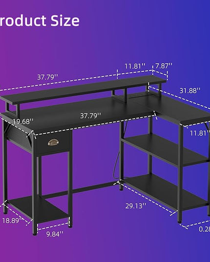 Shintenchi 50" L Shaped Computer Desk with 3-Tier Storage Shelves & Drawer, Reversible Gaming Desk with Monitor Stand & 32 Colors LED Lights, Modern Study Workstation for Home Office, Black - LeafyLoom