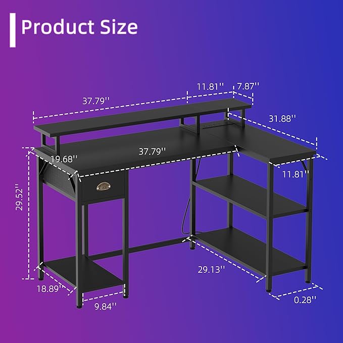 Shintenchi 50" L Shaped Computer Desk with 3-Tier Storage Shelves & Drawer, Reversible Gaming Desk with Monitor Stand & 32 Colors LED Lights, Modern Study Workstation for Home Office, Black - LeafyLoom
