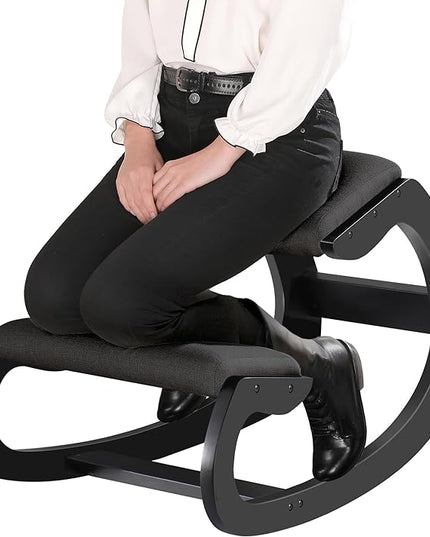 Predawn Ergonomic Kneeling Chair,Rocking Knee Chair Upright Posture Chair for Home Office Meditation Wooden & Linen Cushion-Office Chair for Back Neck Pain Relief & Improving Posture (Black) - LeafyLoom