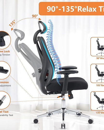Sweetcrispy Ergonomic Office Desk Computer Chair, High Back Comfy Swivel Home Gaming Mesh Chairs with Wheels, Adjustable Lumbar Support, Headrest, Liftable 2D Arms,135° Tilt for Bedroom, Study, Black - LeafyLoom