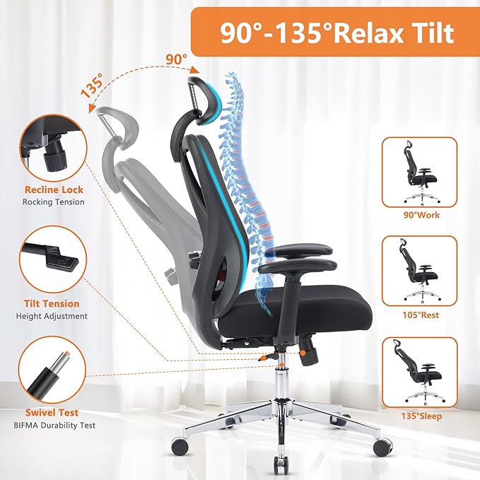 Sweetcrispy Ergonomic Office Desk Computer Chair, High Back Comfy Swivel Home Gaming Mesh Chairs with Wheels, Adjustable Lumbar Support, Headrest, Liftable 2D Arms,135° Tilt for Bedroom, Study, Black - LeafyLoom