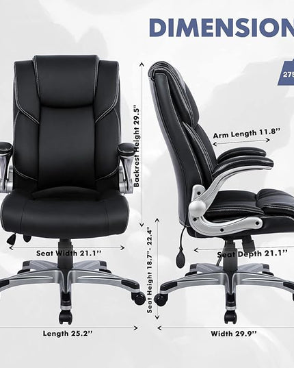COLAMY High Back Executive Office Chair- Ergonomic Home Computer Desk Leather Chair with Padded Flip-up Arms, Adjustable Tilt Lock, Swivel Rolling Chair for Adult Working Study-Black - LeafyLoom