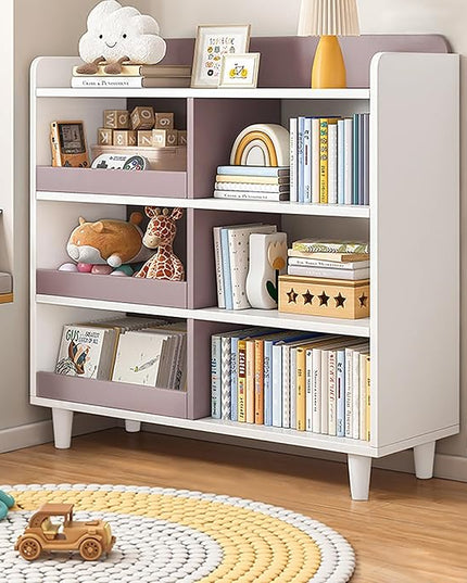 Wooden Cube Bookcase with Legs - 3-Tier Open Shelf Kidsroom Sorted Storage Cabinet Organizer for Books and Toys, 6-Cube Lattice Cute Cubby Bookshelf in White Mixed Mocha Brown, 32" W - LeafyLoom