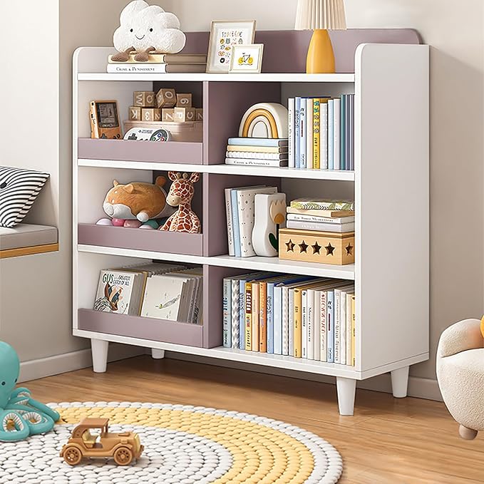 Wooden Cube Bookcase with Legs - 3-Tier Open Shelf Kidsroom Sorted Storage Cabinet Organizer for Books and Toys, 6-Cube Lattice Cute Cubby Bookshelf in White Mixed Mocha Brown, 32" W - LeafyLoom