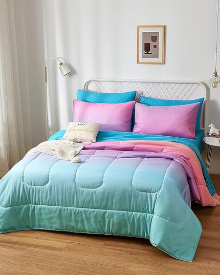 inron Rainbow Kids Comforter Sets for Girls Women,Full Size 5-Pieces Bed in a Bag, Ultra Soft Microfiber Comforter and Sheet Sets, All Season Durable Bedding Set(Rainbow,Full) - LeafyLoom