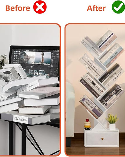 8 Tier Tree Bookshelf with Drawer, Free Standing Wood Bookcase for Living Room, Bedroom, Home Office, Space Saving Storage Organizer Bookshelves for Books, CDs, Vinyl Records- White - LeafyLoom