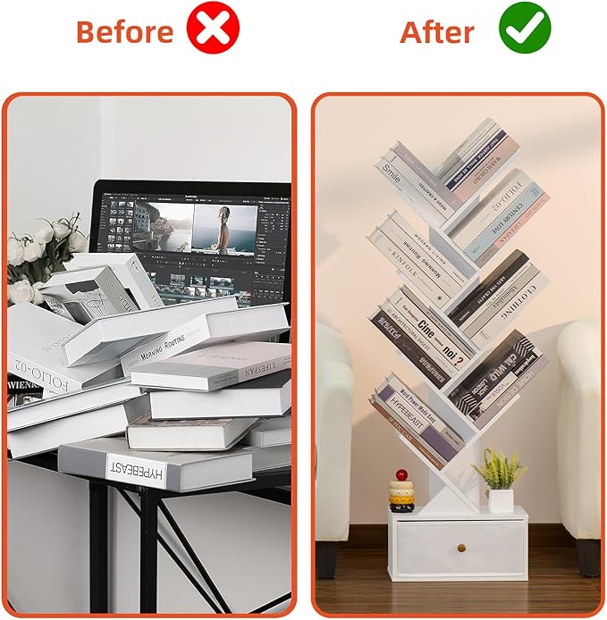 8 Tier Tree Bookshelf with Drawer, Free Standing Wood Bookcase for Living Room, Bedroom, Home Office, Space Saving Storage Organizer Bookshelves for Books, CDs, Vinyl Records- White - LeafyLoom