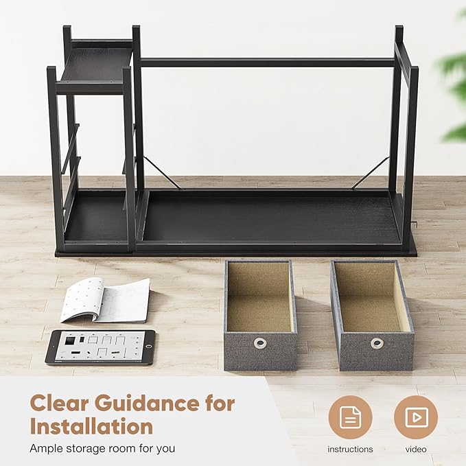 Sweetcrispy Computer Desk with Drawers 48 Inch Office Writing Work Kids Study 2-Tier Wood Corner Table with Storage Drawers Shelf for Bedroom Home Office - Black - LeafyLoom
