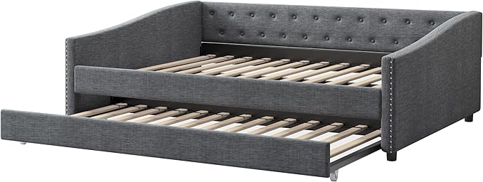 Full Size Daybed with Trundle, Upholstered Tufted Sofa Bed with Button on Back and Piping on Waved Shape Arms for Bedroom, Apartment, Living Room, Wooden Slats Support, Dark Grey - LeafyLoom