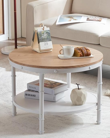 VINGLI 25.6" Natural White Round Farmhouse Coffee Table, 2-Tier Storage Wood Center Circle Accent Table for Living Room, Bedroom, Apartment, Studio and Small Spaces, Sturdy Metal Frame, Natural Color - LeafyLoom