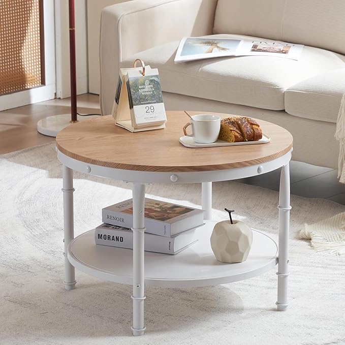 VINGLI 25.6" Natural White Round Farmhouse Coffee Table, 2-Tier Storage Wood Center Circle Accent Table for Living Room, Bedroom, Apartment, Studio and Small Spaces, Sturdy Metal Frame, Natural Color - LeafyLoom