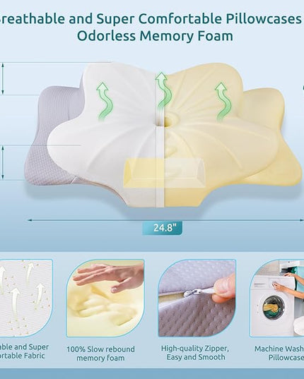 DONAMA Cervical Pillow,Contour Memory Foam Pillow,Ergonomic Neck Support Pillow for Side Back Stomach Sleepers with Adjustable Support Sticks - LeafyLoom