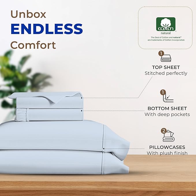 THREAD SPREAD 100% Egyptian Cotton Sheets Full Size - 600 Thread Count Sheets 4 PC 16" Deep Pocket Full Size Sheets Set, High Thread Count Soft Cooling Sateen Hotel Luxury Sheets Set - Light Blue - LeafyLoom