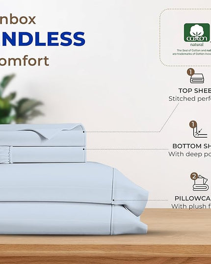 THREAD SPREAD 100% Egyptian Cotton Sheets Twin - 600 Thread Count Sheets Twin, 3 PC Deep Pocket Twin Sheets, Soft, Cooling Sateen Weave Extra Long Twin Sheets for Dorm, 16 in Deep Pocket - Light Blue - LeafyLoom