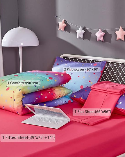Colorful Polka Dots Rainbow Comforter Set for Teen Girl,Full/Queen Size 5 Piece Bed in A Bag,Circles Printed Comforter and Sheets,Ultra Soft Microfiber All Season Bedding Set(Full/Queen,Dots) - LeafyLoom