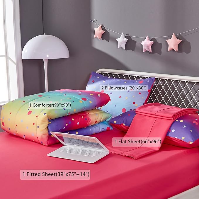 Colorful Polka Dots Rainbow Comforter Set for Teen Girl,Full/Queen Size 5 Piece Bed in A Bag,Circles Printed Comforter and Sheets,Ultra Soft Microfiber All Season Bedding Set(Full/Queen,Dots) - LeafyLoom