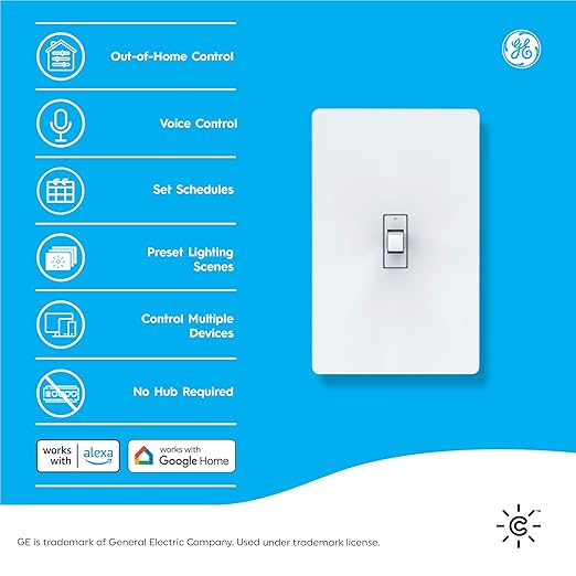 GE CYNC Smart Light Switch, Toggle Switch Style, No Neutral Wire Required, Bluetooth and 2.4 GHz WiFi 3-Wire Switch, Works with Amazon Alexa and Google Home, White (1 Pack) CYNCSmartHome