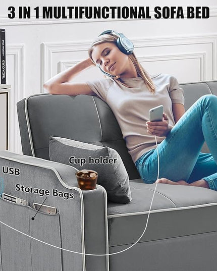3 in 1 Loveseat Sofa Bed, Pull Out Couch Sleeper with Storage, Full Size Velvet Convertible Chair with 2 Pockets & 2 Pillows for Living Room, Grey - LeafyLoom