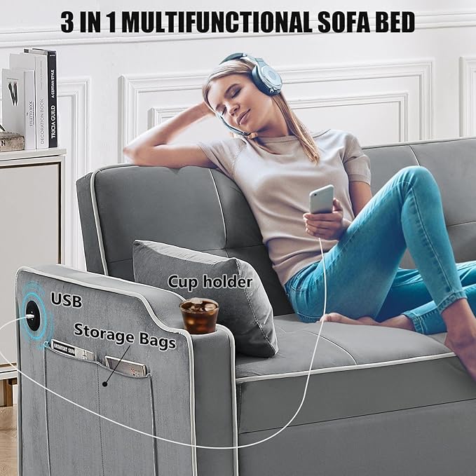 3 in 1 Loveseat Sofa Bed, Pull Out Couch Sleeper with Storage, Full Size Velvet Convertible Chair with 2 Pockets & 2 Pillows for Living Room, Grey - LeafyLoom