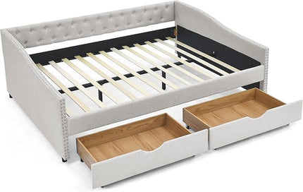 Queen Size Daybed with 2 Storage Drawers,Linen Upholstered Sofa Bed W/Button on Back & Copper Nail on Waved Shape Armrests,No Spring Box Need,Wood Bedframe for Living Room Bedroom Dorm,Beige - LeafyLoom