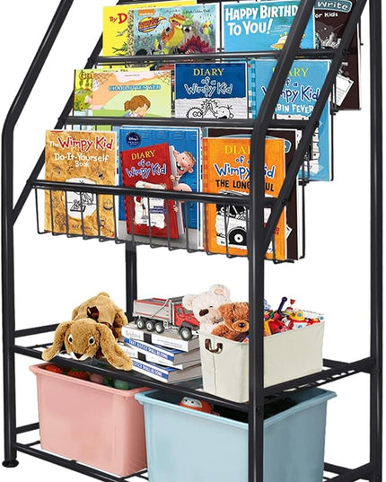 aboxoo Metal Kids Bookshelf Black Toy Chests & Organizers Large Freestanding for Children Toy Chests & OrganizersRoom 25 in Toy Organizer Large Stable Bookcase Bookstore Library Bed Living Room - LeafyLoom