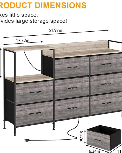 MOOACE TV Stand with Charging Station, 52'' Long TV Stand with 8 Storage Drawers and Open Shelves, Chests Dresser for Bedroom, Living Room, Light Gray - LeafyLoom