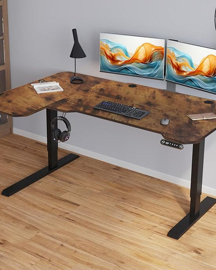 Adjustable Height L-Shaped Electric 59 Inch Sit-Stand Computer Desk with 3 Splice Boards, Lockable Casters-Ideal for Home Office, 59Inch, Rustic Brown - LeafyLoom