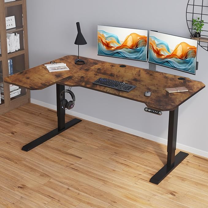 Adjustable Height L-Shaped Electric 59 Inch Sit-Stand Computer Desk with 3 Splice Boards, Lockable Casters-Ideal for Home Office, 59Inch, Rustic Brown - LeafyLoom