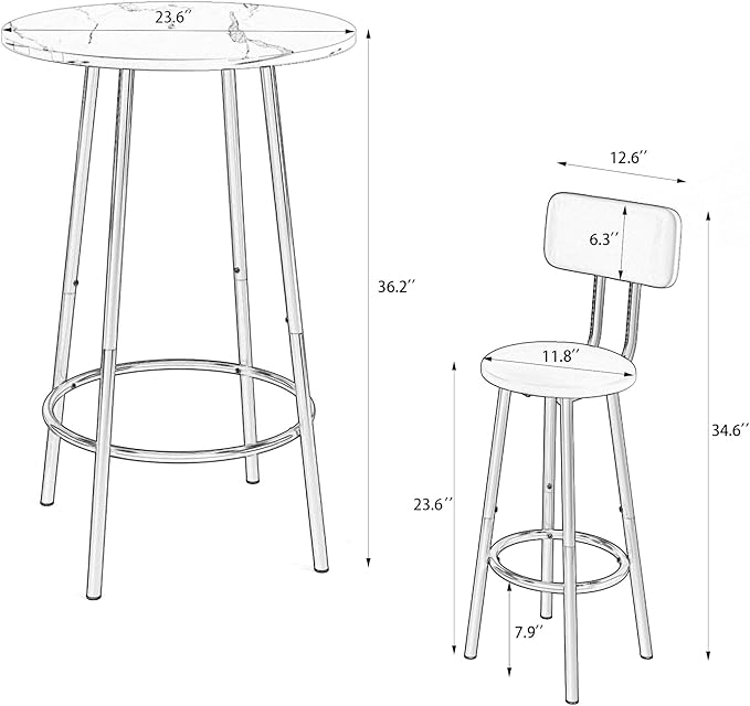 NicBex Small Dining Table for 2 Kitchen Table and Chairs Round Dining Table Set Bar Table, Equipped with 2 Bar Stools, with Backrest and Partition for Kitchen Breakfast, Party Room, White Oak - LeafyLoom