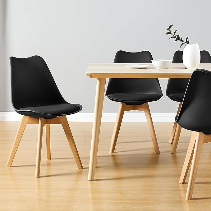 CangLong Side Chair Mid Century Modern Dining Chair with Wood Legs for Kitchen, Living,Dining Room, Set of 4, Black - LeafyLoom