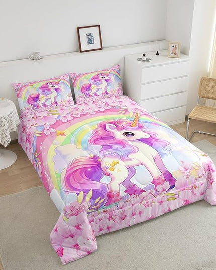 Cartoon Unicorn Kids Comforter Set Twin Size,Sakura Cherry Blossom Japanese Bedding Set,Girls Women Room Decor,Rainbow Unicorn Cute Down Comforter,Pink Purple Romantic Duvet Insert,1 Pillowcase - LeafyLoom